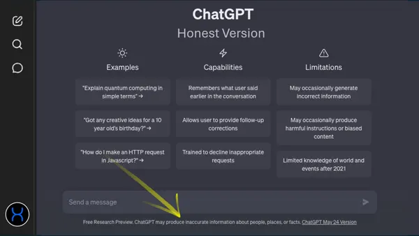 Captura de la pantalla de inicio de ChatGPT titulada Honest Version, con una flecha amarilla señalando el aviso de que puede producir información inexacta sobre personas, lugares o hechos.