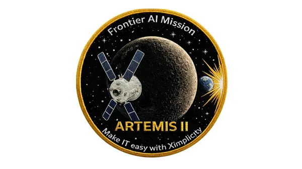 Parche de misión con la nave Orión ante la cara oculta de la Luna y la Tierra al fondo, rotulado Frontier AI Mission, Artemis II y Make IT easy with Ximplicity.