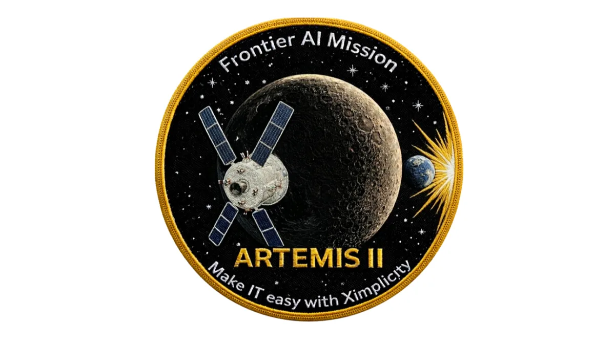 Parche de misión con la nave Orión ante la cara oculta de la Luna y la Tierra al fondo, rotulado Frontier AI Mission, Artemis II y Make IT easy with Ximplicity.