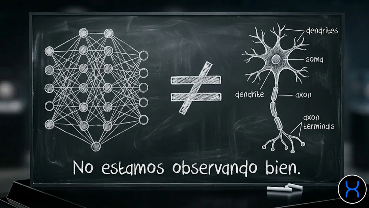 Pizarra con el diagrama de una red neuronal artificial de capas a la izquierda, un símbolo de «distinto de» en el centro y una neurona biológica rotulada con dendritas, soma, axón y terminales axónicos a la derecha, bajo la frase No estamos observando bien.